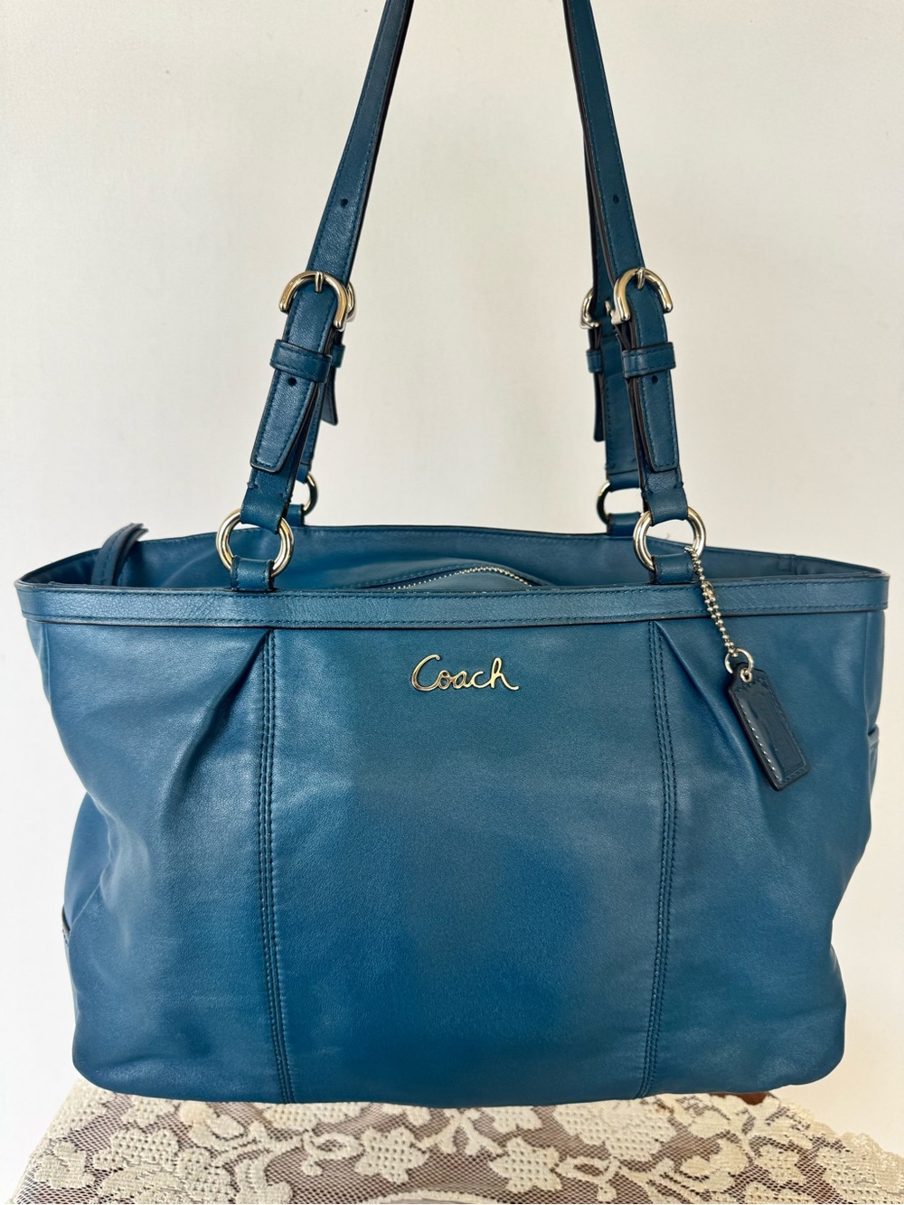 Coach Teal Leather Tote with Silver Tone Hardware